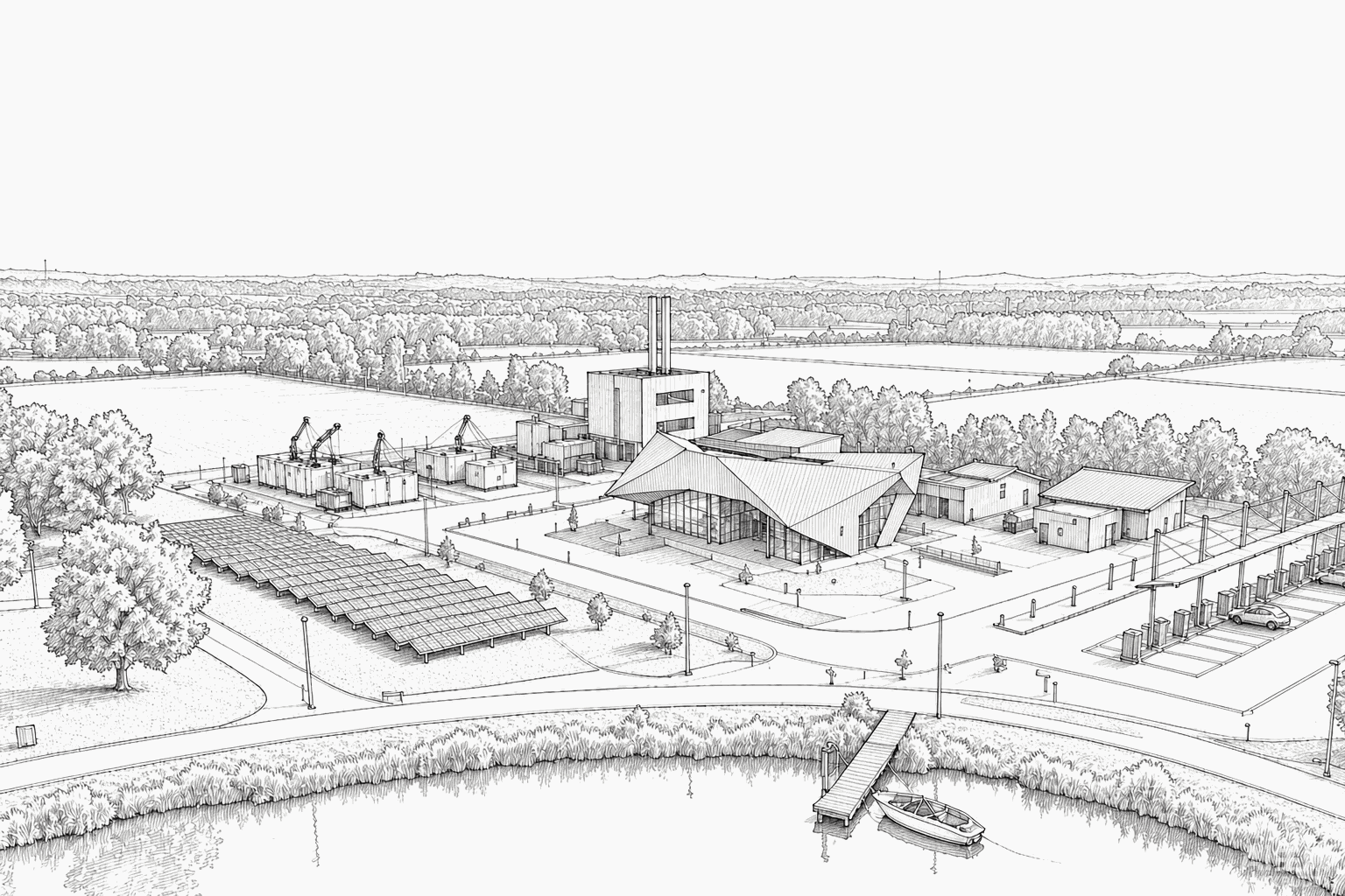 Line drawing of the Community Power Hub site: the same view rendered as architectural line work on white.