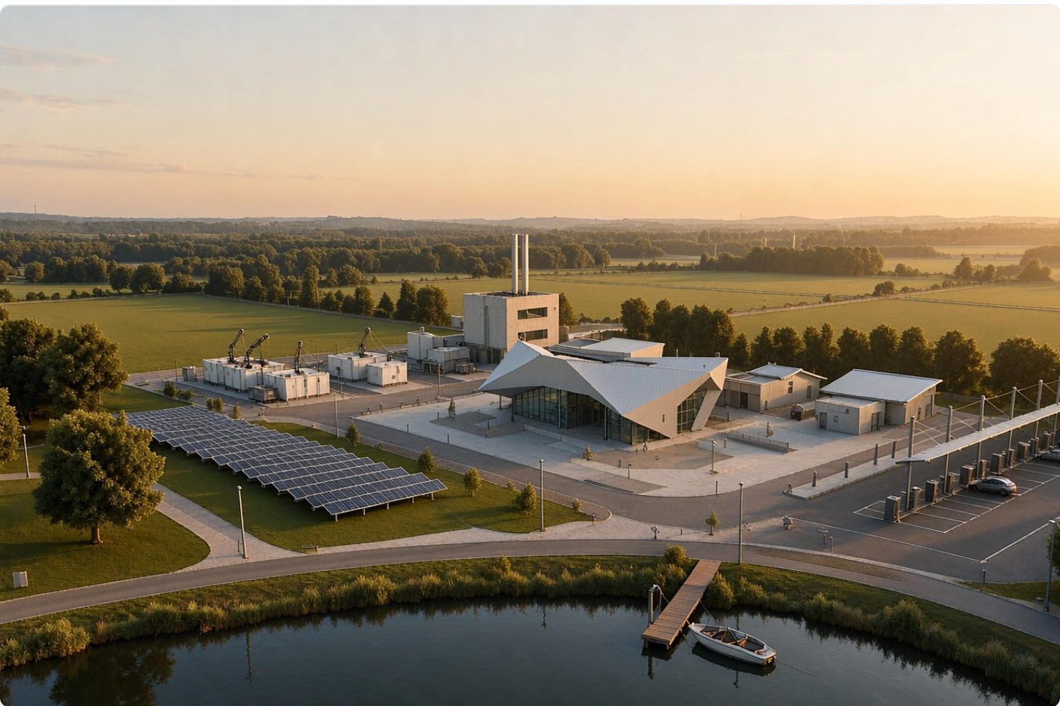 The Community Power Hub as built: solar array, battery storage, generation, EV charging and the lake with its charging dock, seen from the air at golden hour.