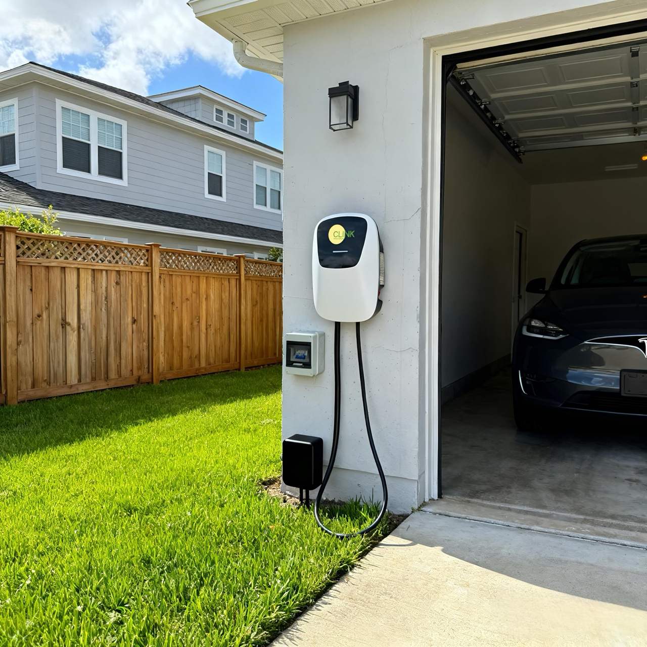 A home charger shown on an exterior wall, rendered concept