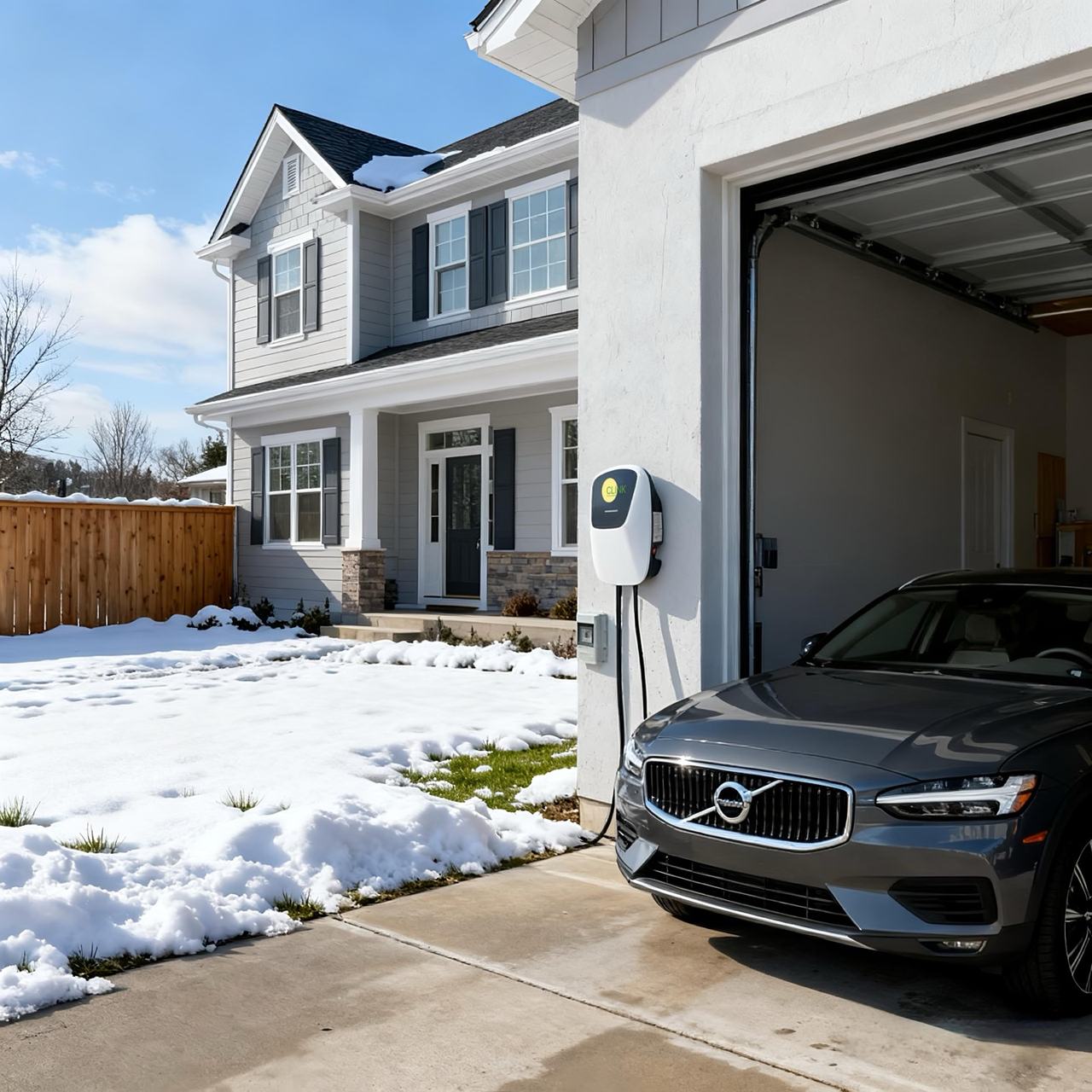 A snow-covered driveway in front of a home, with an electric vehicle charging in a Northern winter